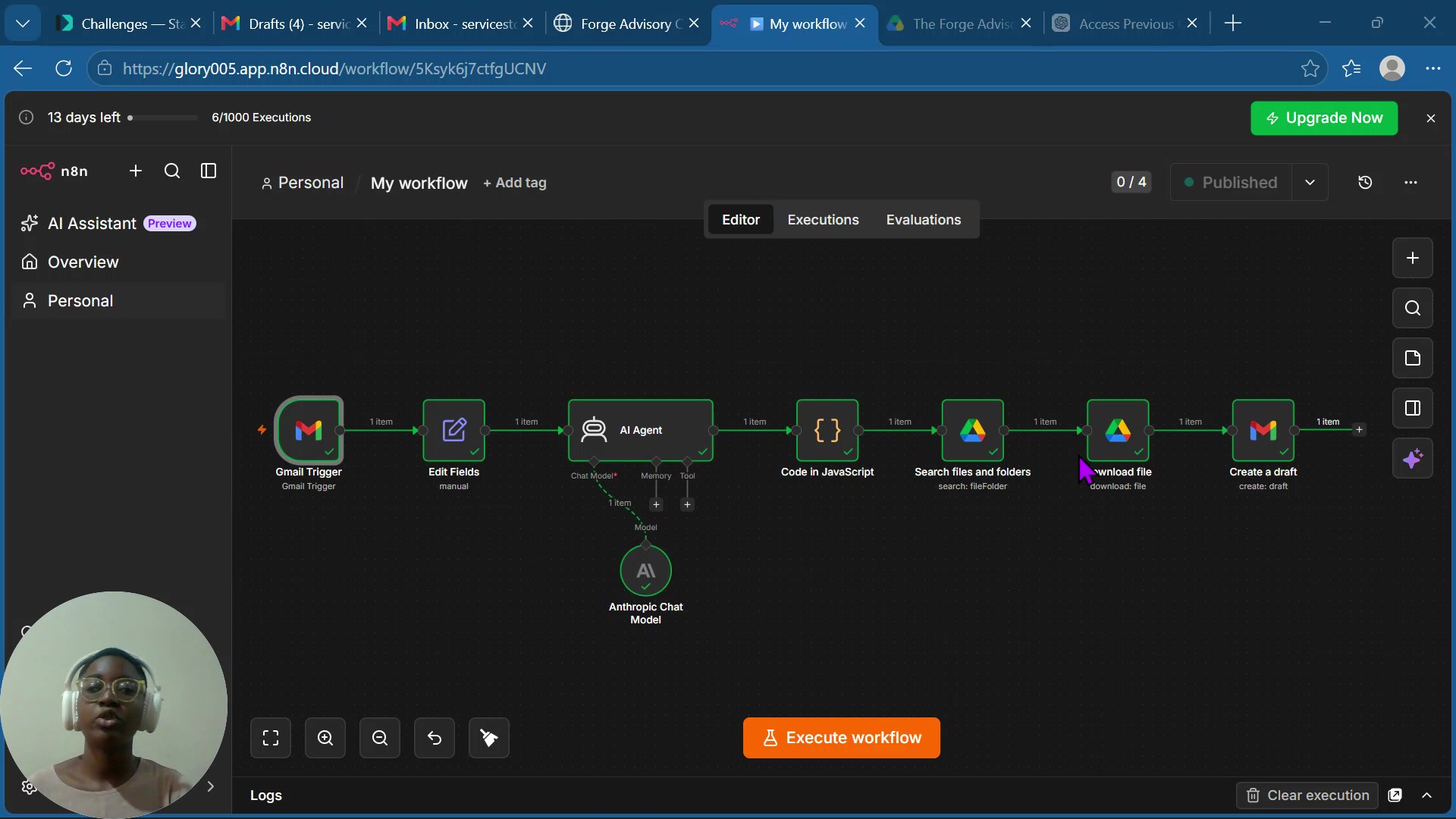 AI email draft agent n8n workflow screenshot for Forge Advisory Co.