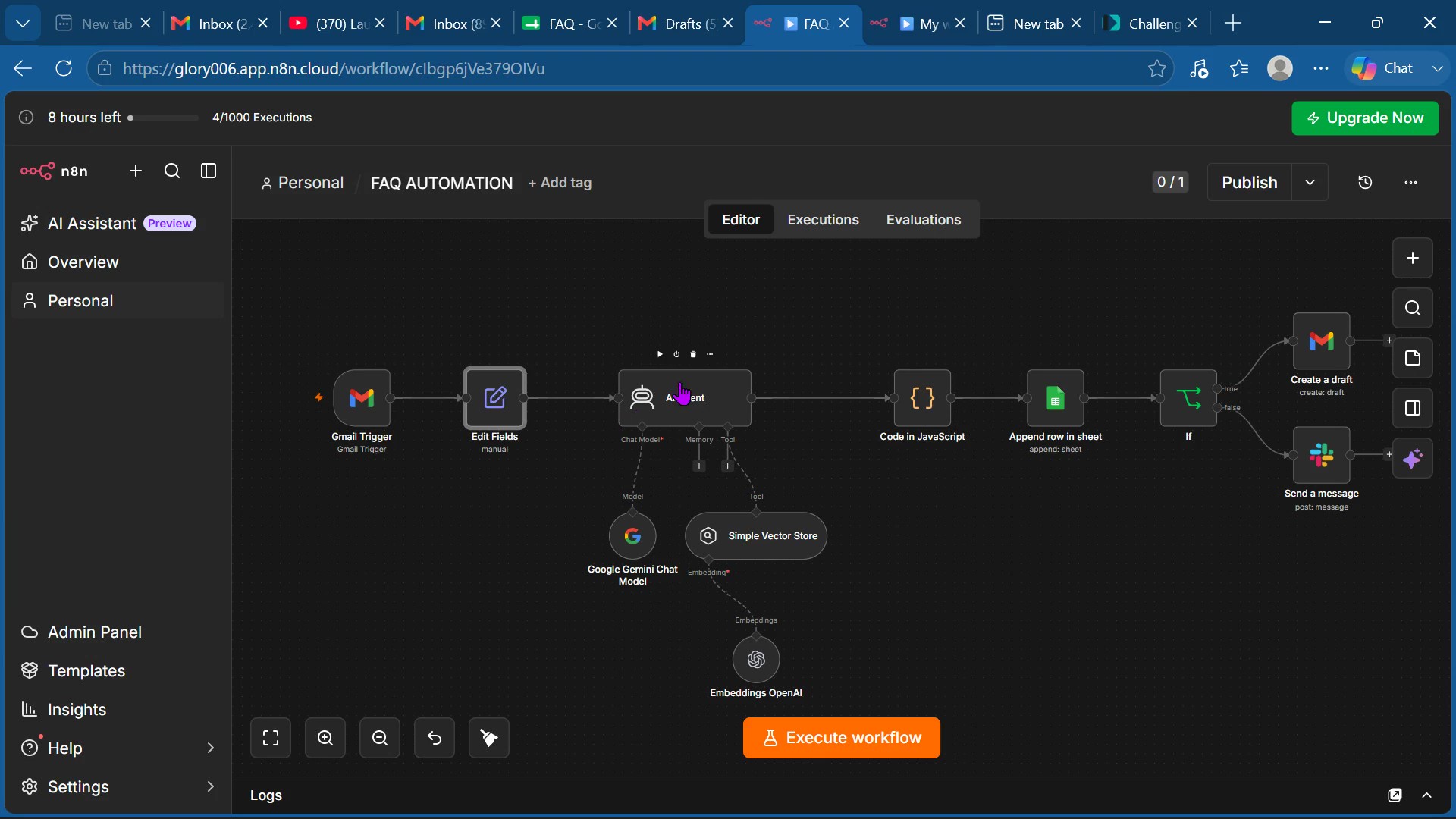 n8n RAG-based FAQ automation workflow screenshot