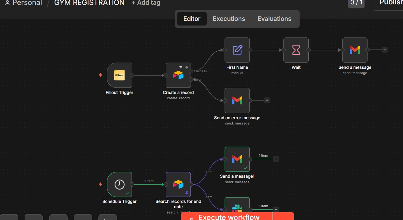 Gym subscription management n8n workflow screenshot